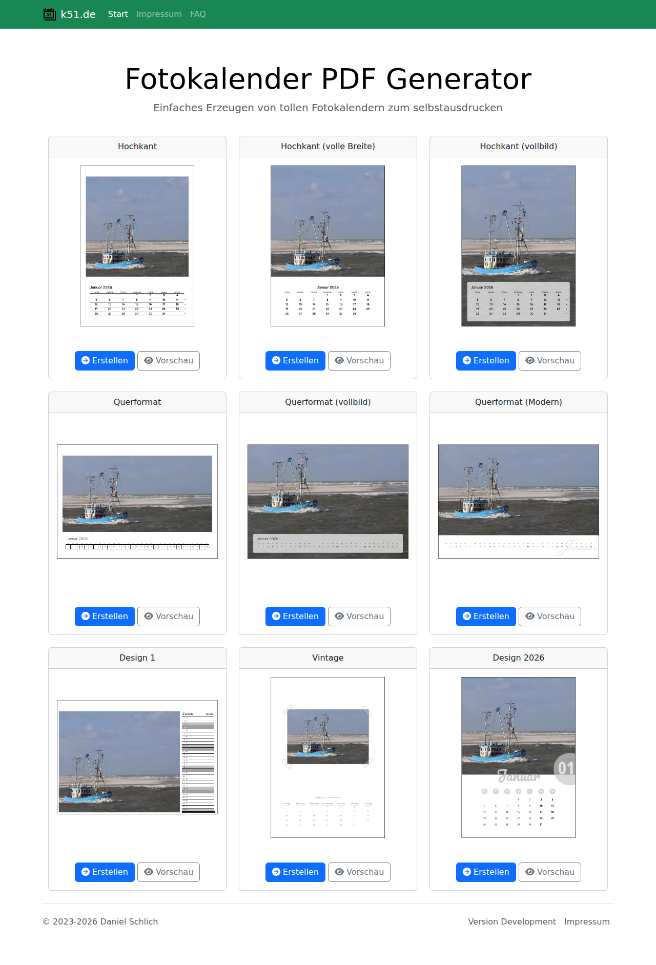 Startseite mit Kalenderformaten